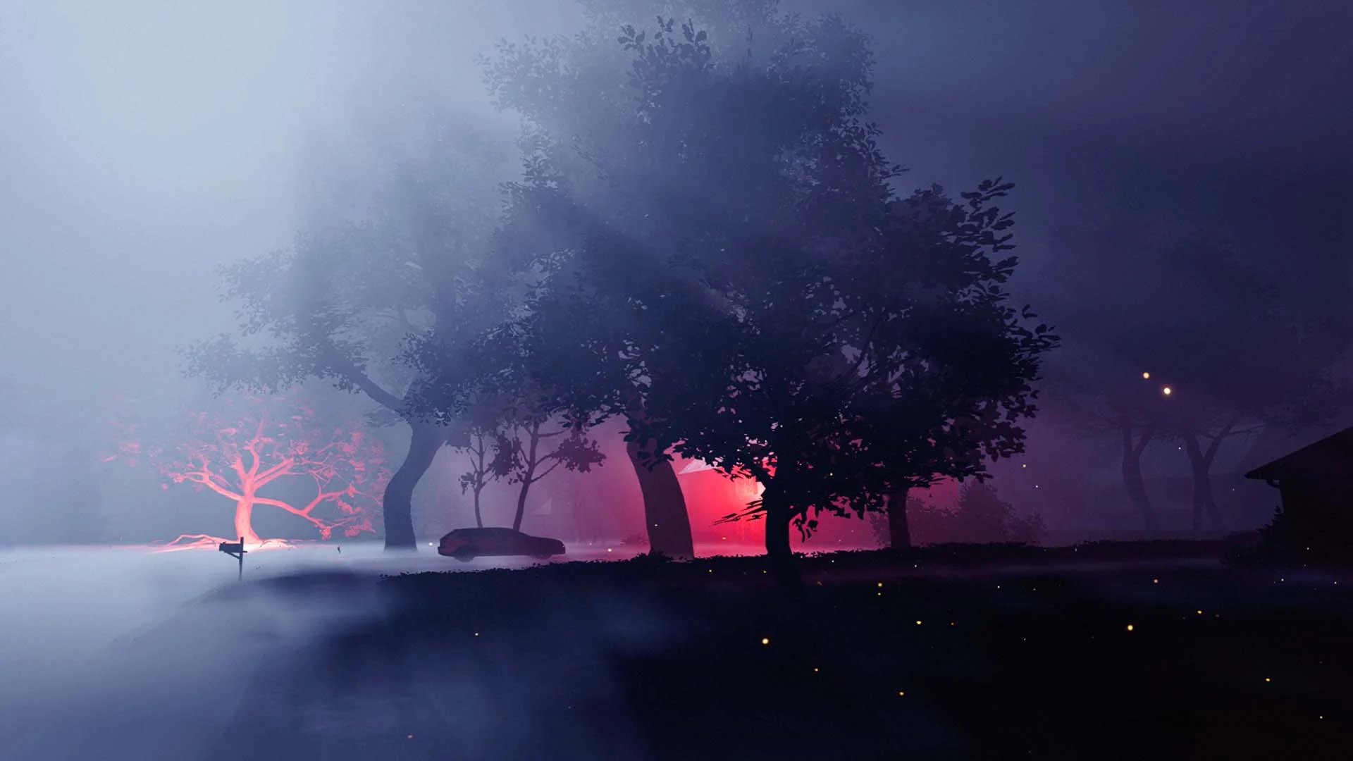 Fog surrounds silhouetted trees lit in red and violet within the immersive landscape.