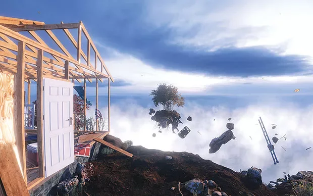 Kim Laughton’s floating suburban world for Styles and Customs of the 2020s, with a partly built house surrounded by drifting figures, furniture, ladders, and rocks.