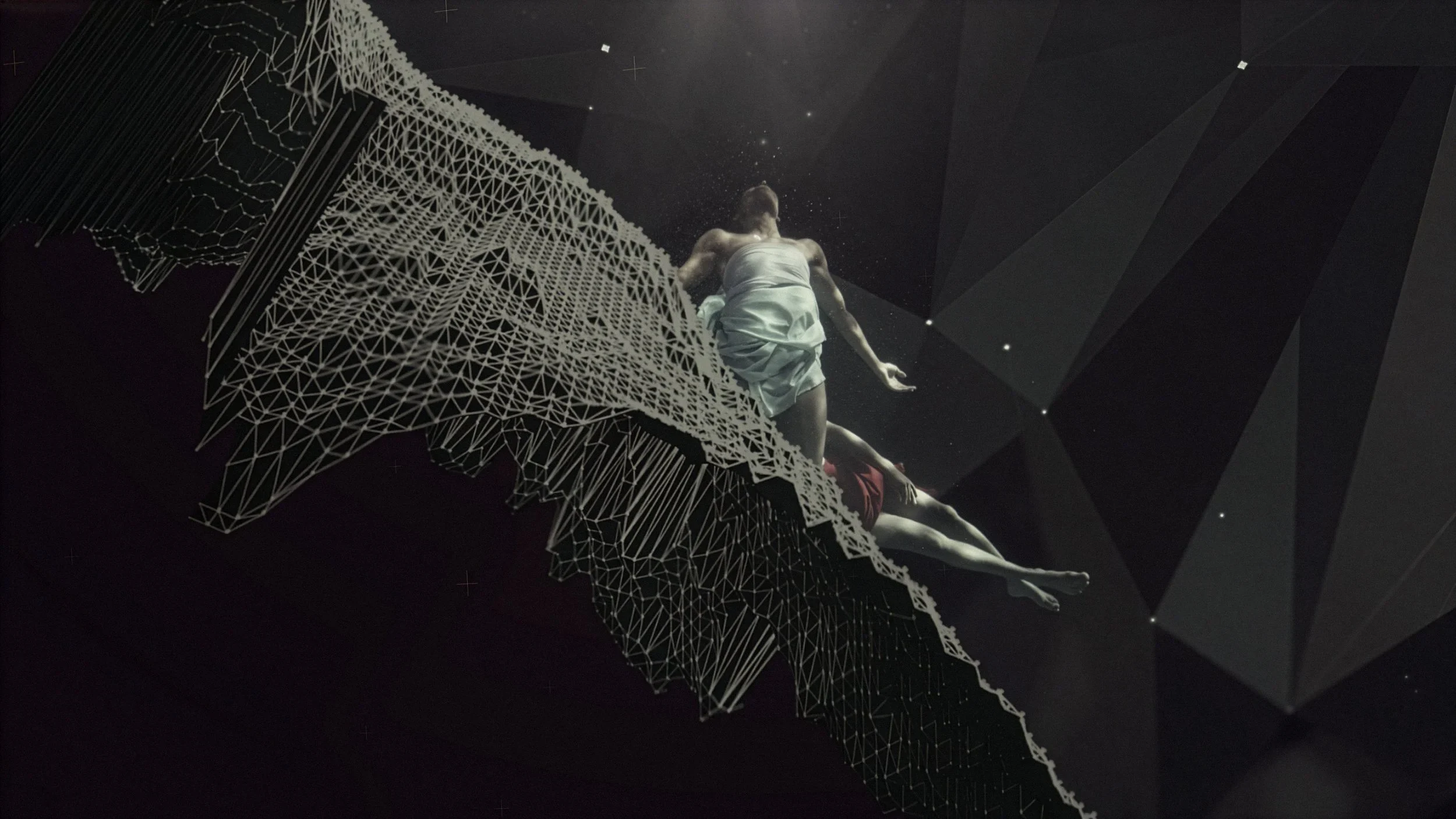 Two dancers appear suspended across a dark field of faceted forms; one body breaks into a white volumetric mesh.