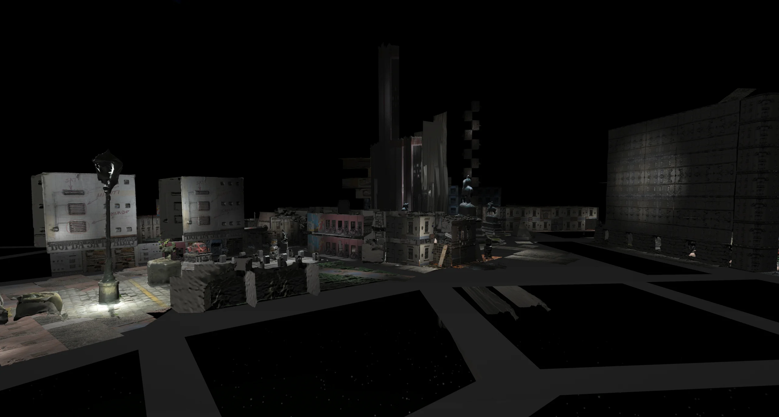 Wide nighttime view of a virtual city assembled from scanned Belgrade buildings and landmarks.