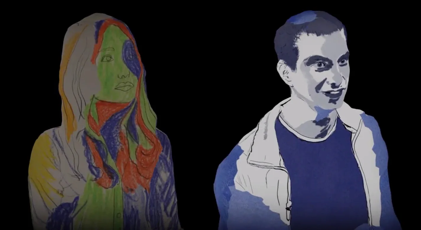 Two scanned human figures covered in colorful hand-drawn marks against black.