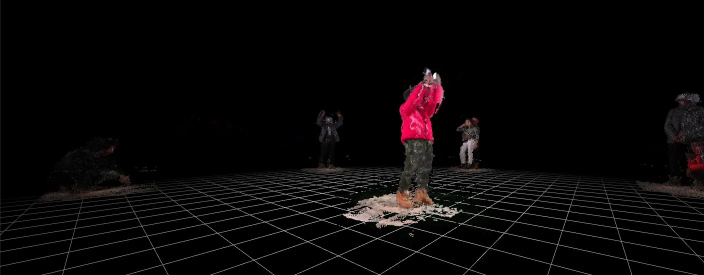A red-jacketed captured figure stands at the center of a dark gridded scene, surrounded by other volumetric figures in the Timberland × Stüssy interactive.